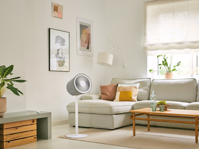 Simon fan by Stadler Form in white in a bright living room area