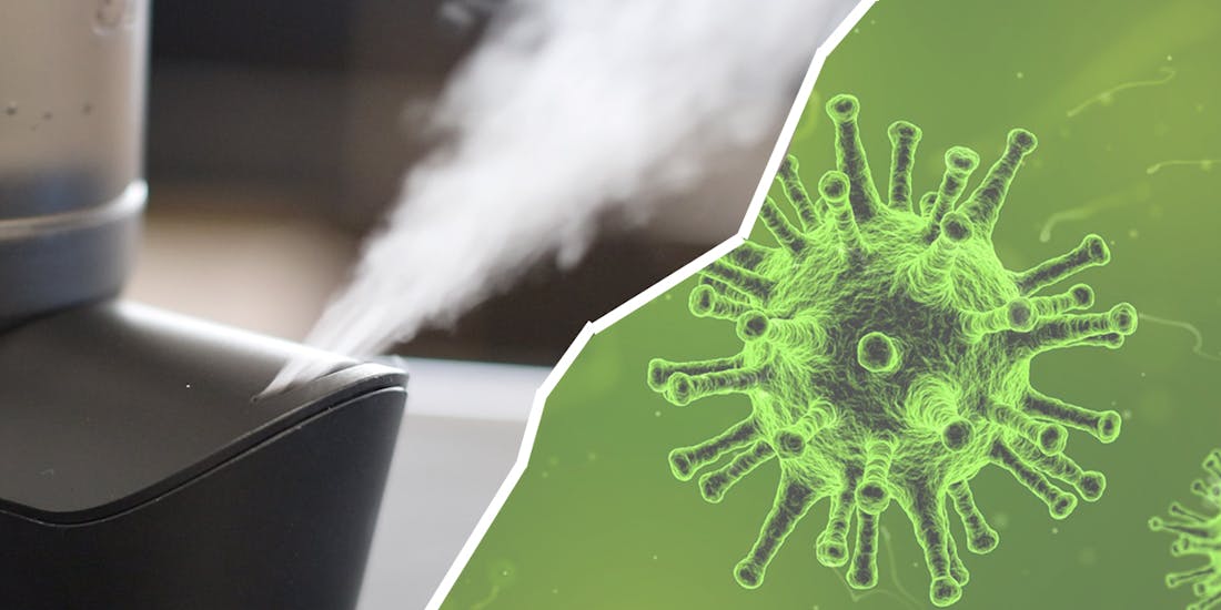 Air humidifier Emma by Stadler Form and a virus image in green Air humidifier Emma by Stadler Form and a virus image in green