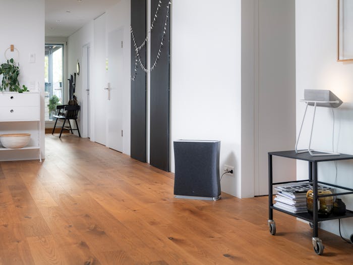 Roger air purifier by Stadler Form in a hallway