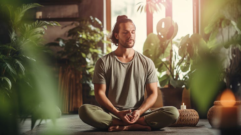 A man practices yoga surrounded by many plants. Man praktiziert Yoga inmitten vieler Pflanzen.