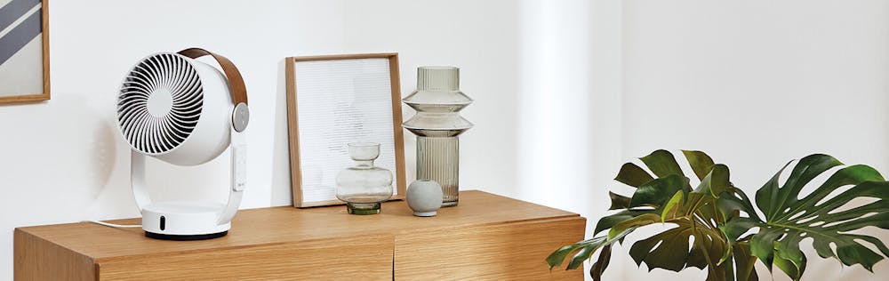 Newsletter banner with 3D fan Leo by Stadler Form on a sideboard