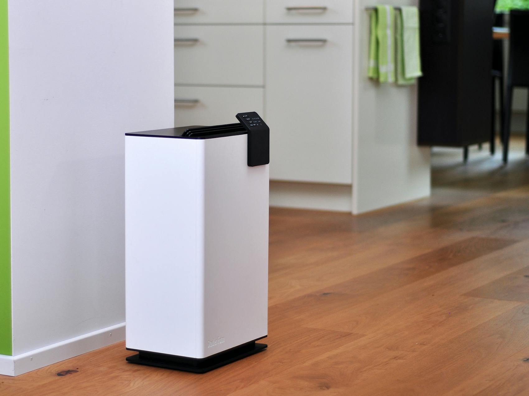 Albert little dehumidifier by Stadler Form Albert little dehumidifier by Stadler Form in a hallway close to a kitchen