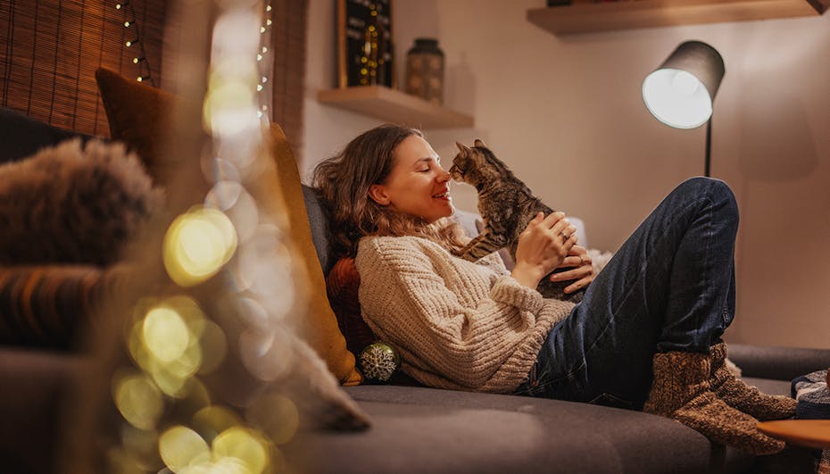 Woman on the sofa cuddling with a cat