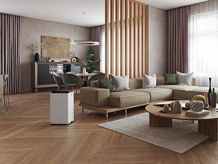 Dehumidifier Lukas Pro in an open living room with large windows next to a sofa