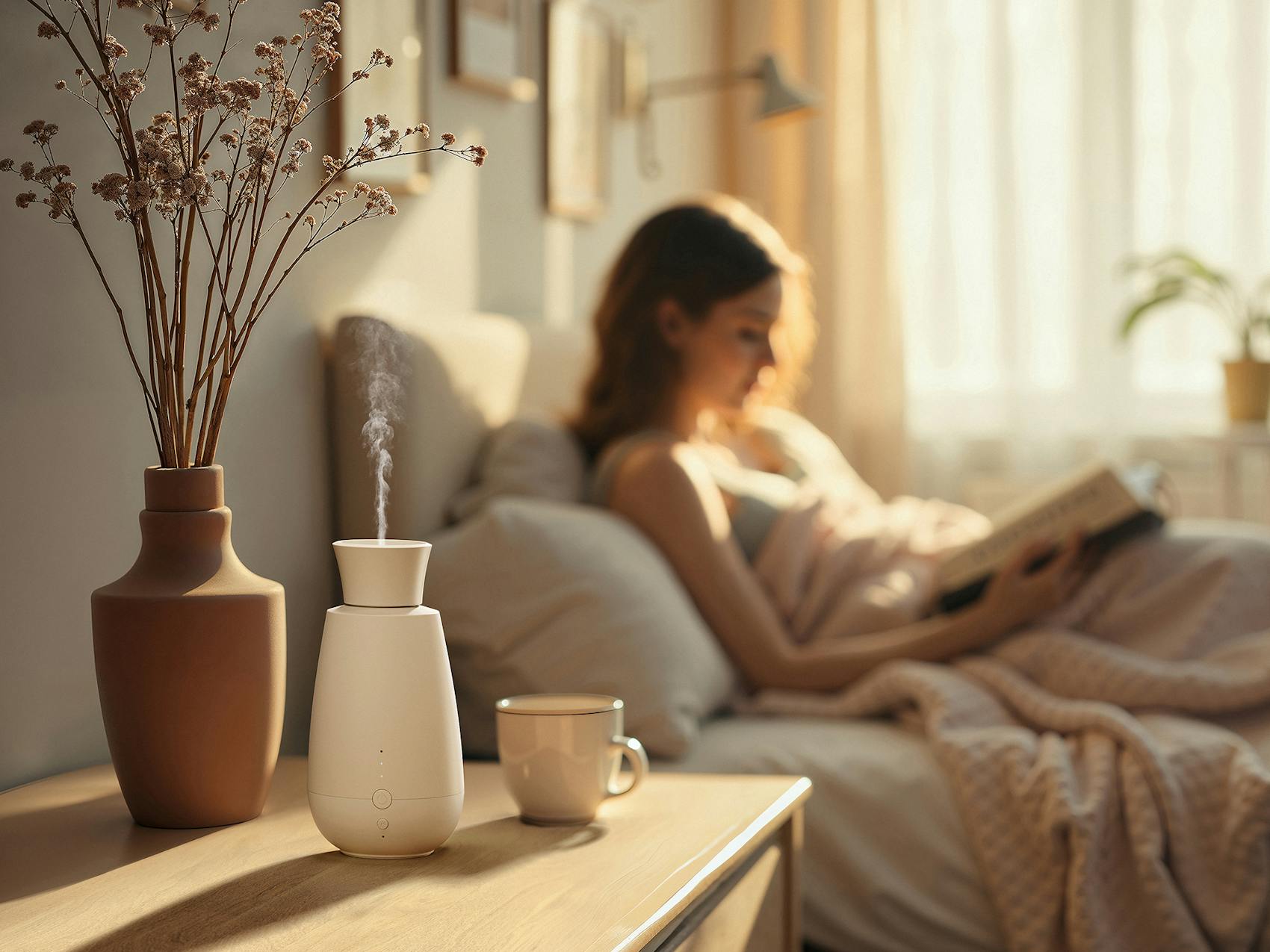 Diffuseur d'arômes Ella par Stadler Form dans une chambre Diffuseur d'arômes Ella par Stadler Form dans une chambre avec une femme en arrière-plan lisant un livre au lit.