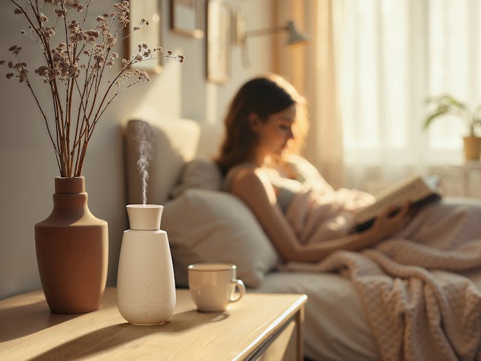 Diffuseur d'arômes Ella par Stadler Form dans une chambre Diffuseur d'arômes Ella par Stadler Form dans une chambre avec une femme en arrière-plan lisant un livre au lit.