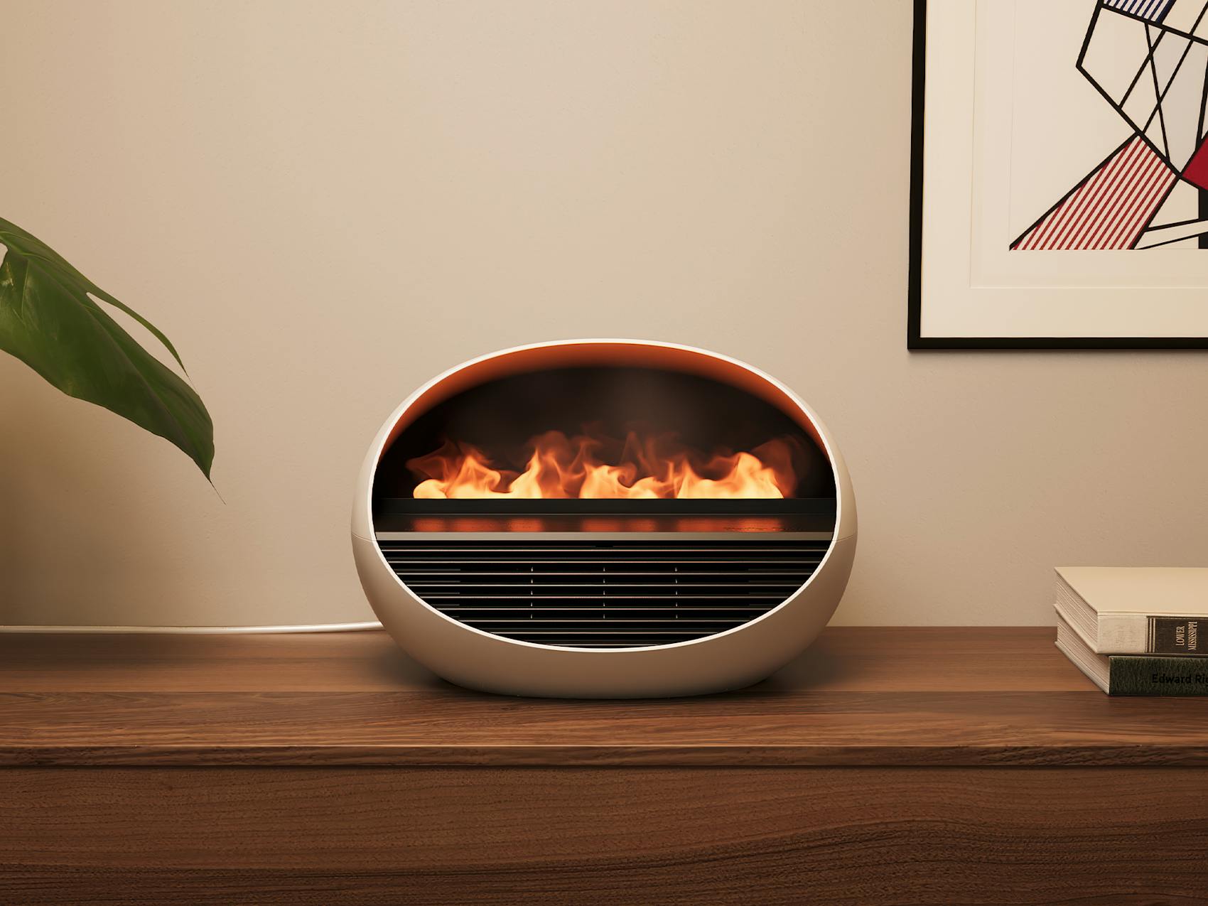 Erik fan heater with flame effect by Stadler Form on a sideboard