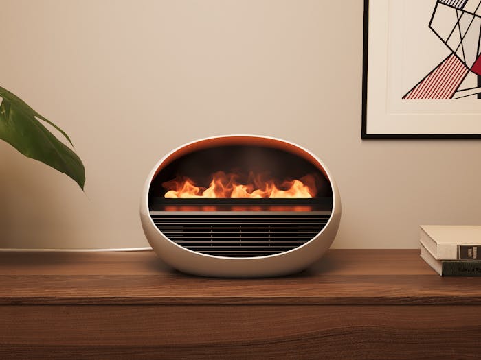 Erik fan heater with flame effect by Stadler Form on a sideboard
