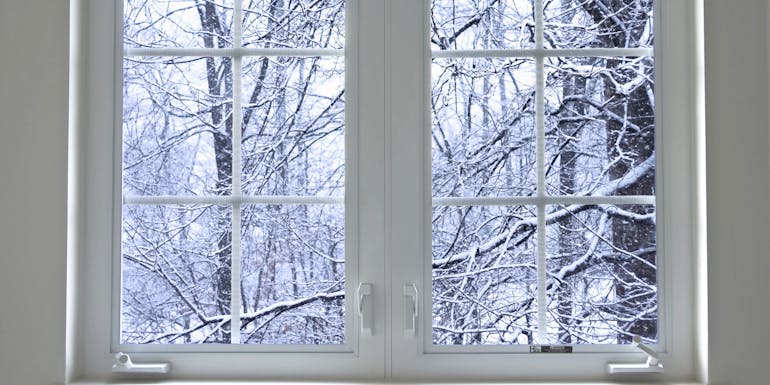 Window with a view to the winter forest outside Window with a view to the winter forest outside