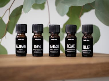 Essentialöle von Stadler Form auf einem Regal Essential oils by Stadler Form on a shelf