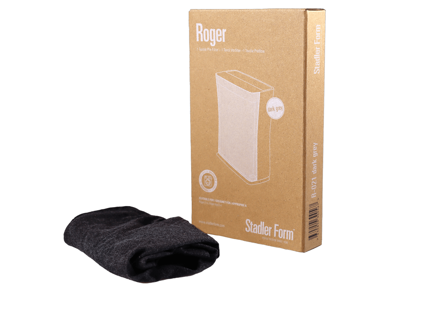 Roger and Roger big textile pre-filter dark grey packing by Stadler Form suitable for air purifiers Roger and Roger big