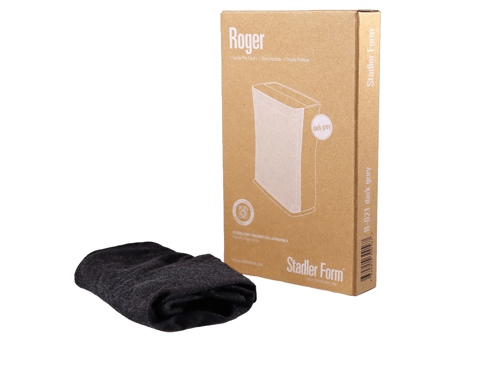 Roger und Roger großer Textil-Vorfilter dunkelgraue Verpackung von Stadler Form Roger und Roger Big Textil-Vorfilter dunkelgrau Verpackung von Stadler Form geeignet für Luftreiniger Roger und Roger Big