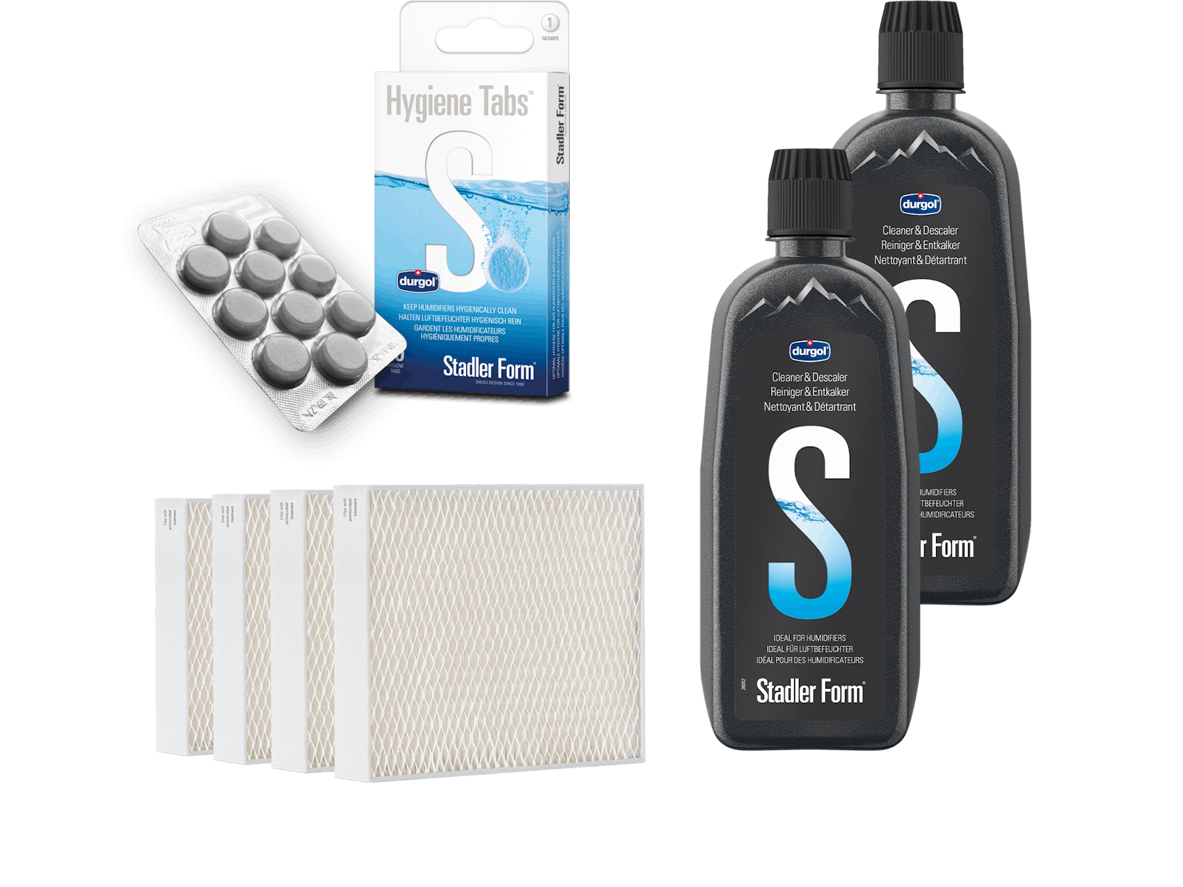 Humidifier accessory pack with hygiene tabs, evaporator filter and descaling agent