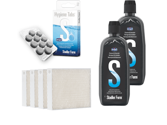 Pack d'accessoires pour humidificateurs avec pastilles d'hygiène, filtre d'évaporation et détartrant