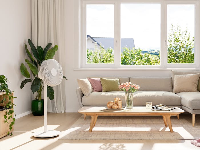 Finn fan by Stadler Form in a modern living room with summery flair