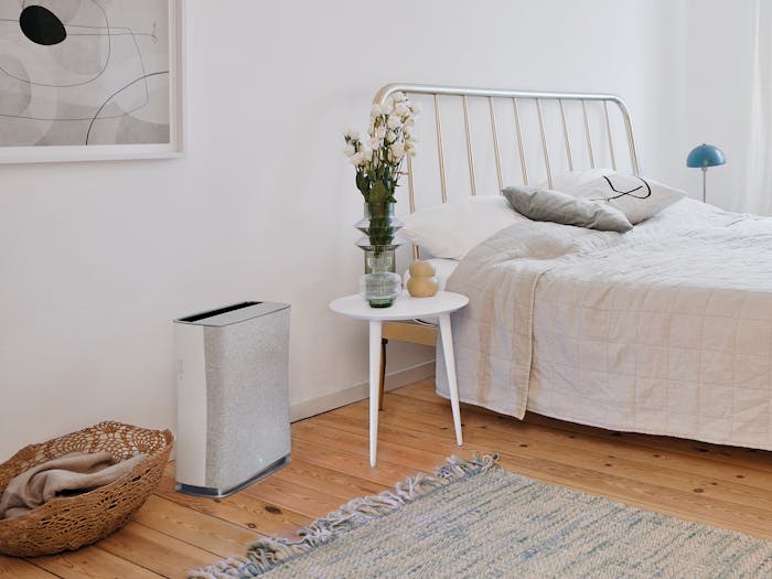 Roger little air purifier by Stadler Form in white Roger little air purifier by Stadler Form in white in a bedroom