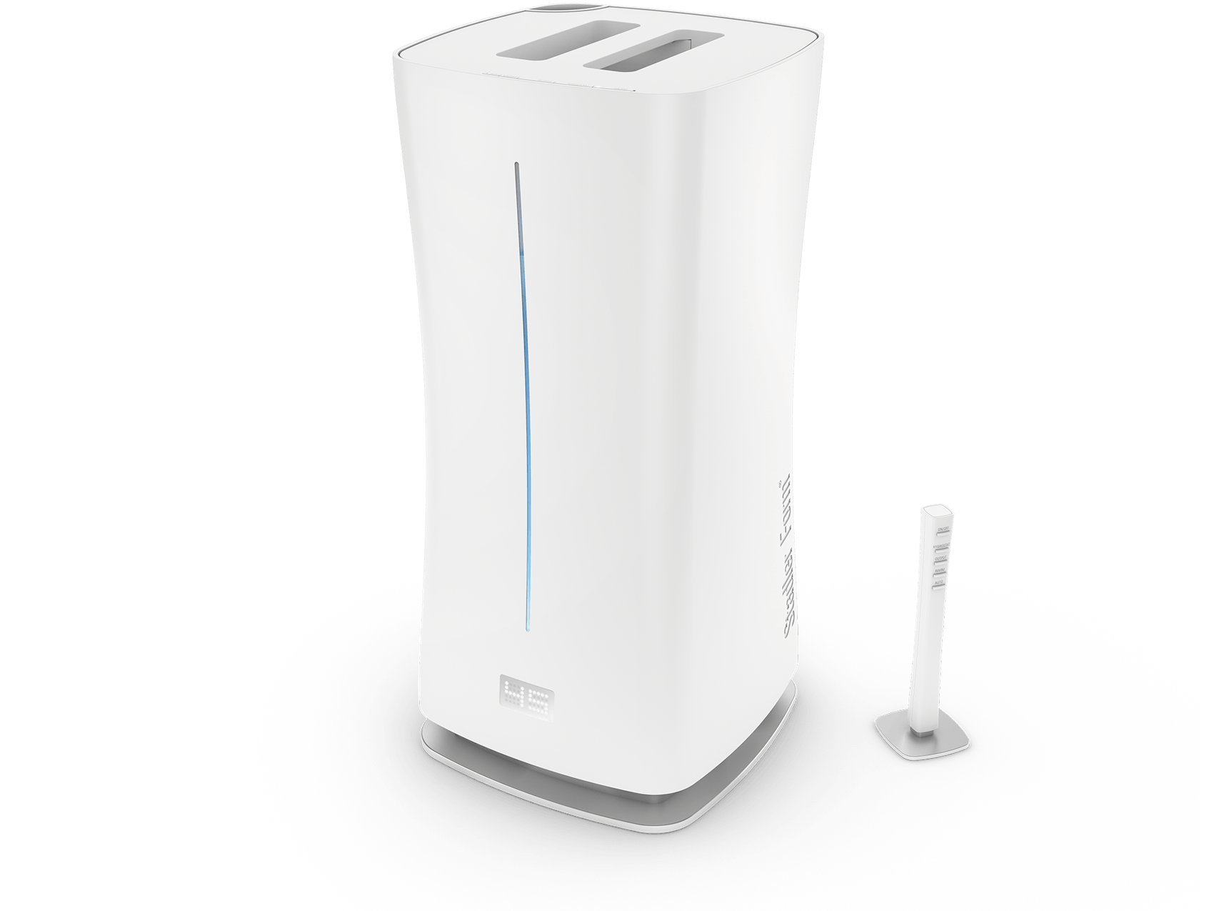 Eva humidifier by Stadler Form in white as perspective view including remote controll