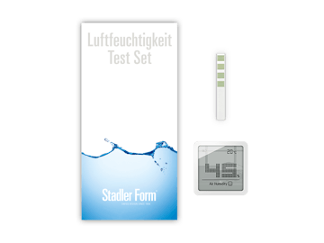 humidity test set includes Selina Little White hygrometer by Stadler Form and water hardness testing strip and instruction manual The humidity test set from Stadler Form with Selina little, test strips and instructions