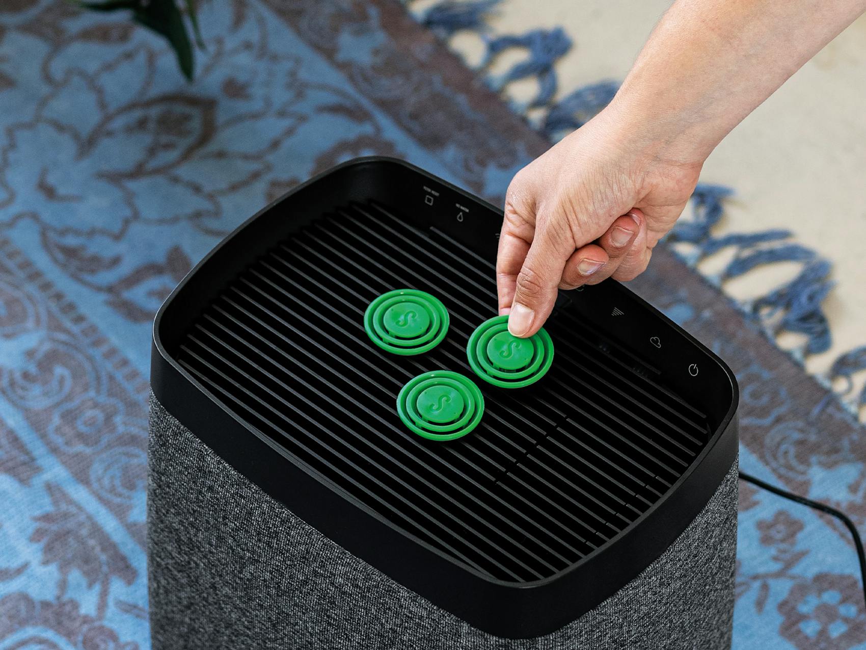 Eine Hand platziert einen Duftstift Green Forest auf den Karl-Luftbefeuchter von Stadler Form. Eine Hand platziert einen Duftstift Green Forest auf den Karl Luftbefeuchter von Stadler Form.