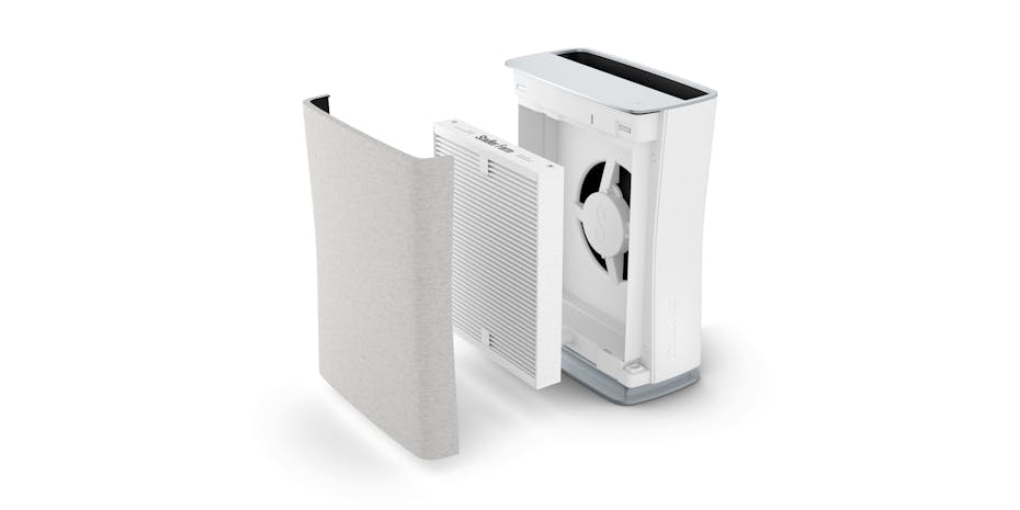Roger little air purifier by Stadler Form in light grey open vor a detailed viewe
