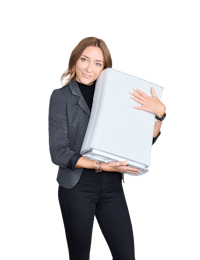 Anna Beck Social Media Manager at Stadler Form Anna Beck from Stadler Form with air purifier Roger little white