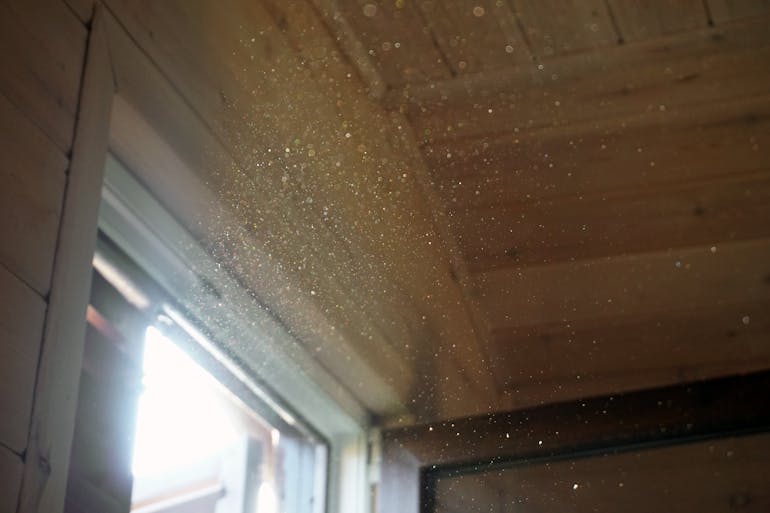 House dust and pollen flying around House dust and pollen flying around the bedroom. Open the window to remove the dust.