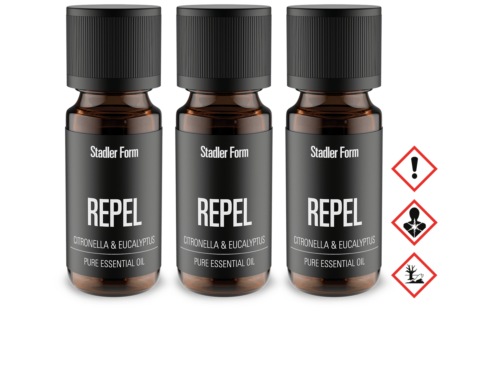 Stadler Form fragrance Repel pack of 3 bottles with waring symbols