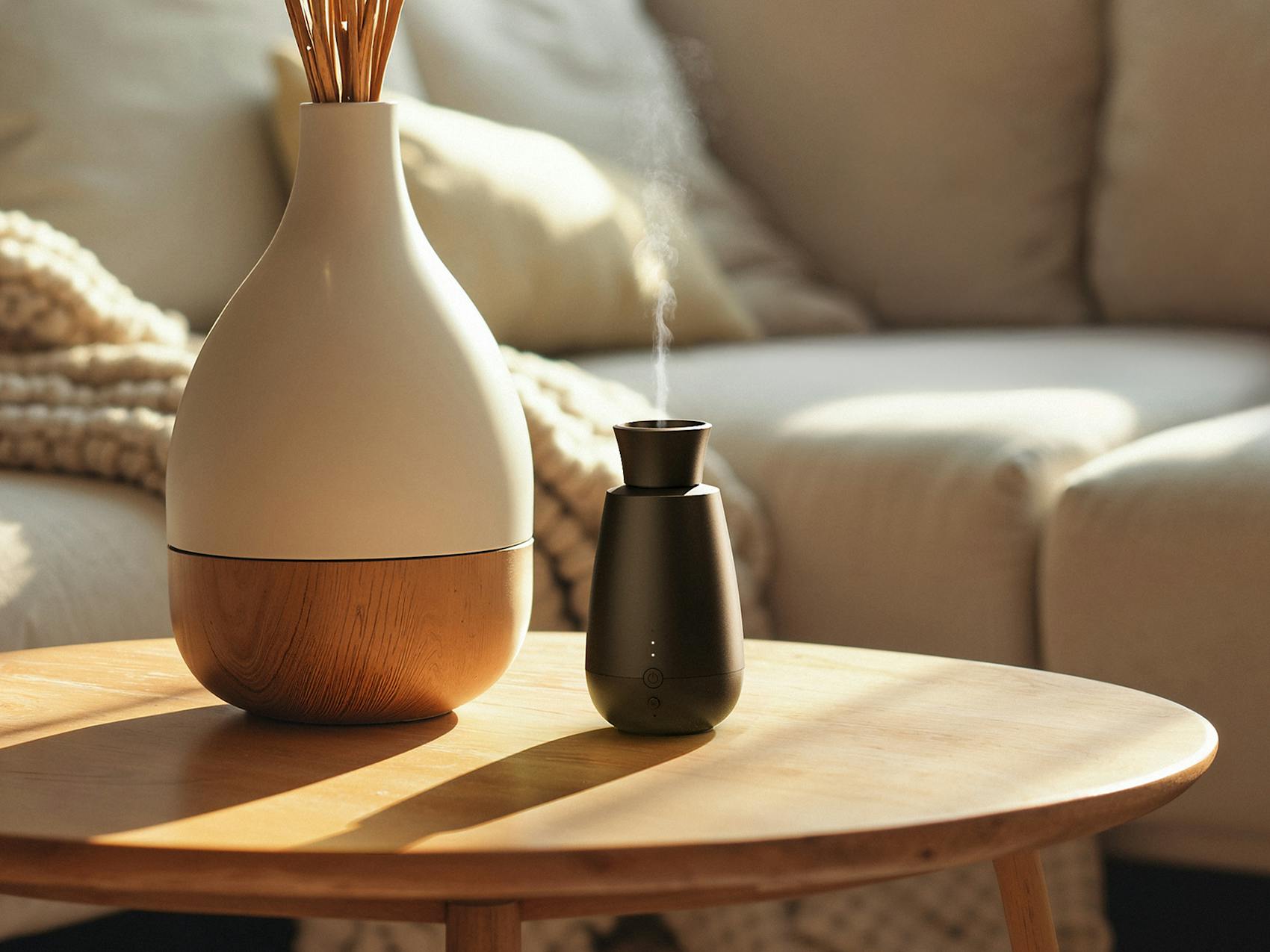 Stadler Form Ella Aroma Diffuser auf einem Wohnzimmertisch