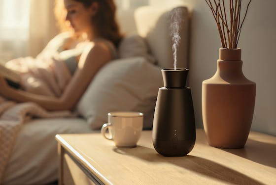 Aroma-Diffuser Ella in Schwarz von Stadler Form in einem gemütlichen Schlafzimmer Aroma-Diffuser Ella in Schwarz von Stadler Form in einem gemütlichen Schlafzimmer