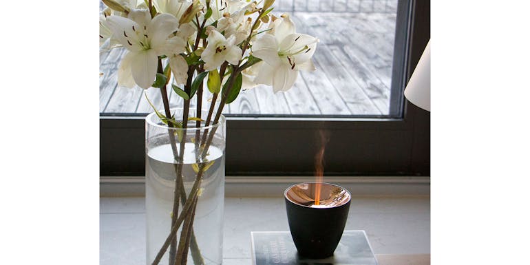 Zoe aroma diffuser by Stadler Form in black next to a vase Zoe aroma diffuser by Stadler Form in black next to a vase
