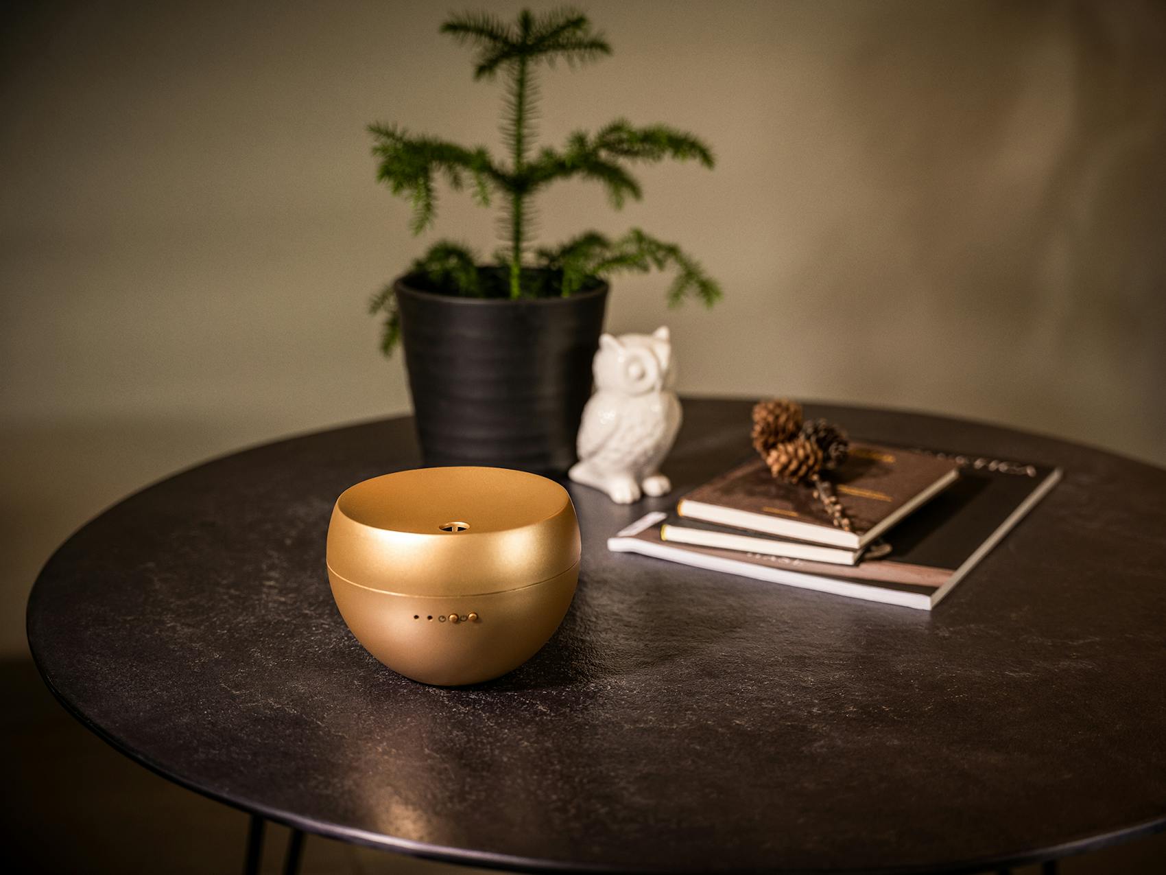 Jasmin aroma diffuser by Stadler Form in gold on a table