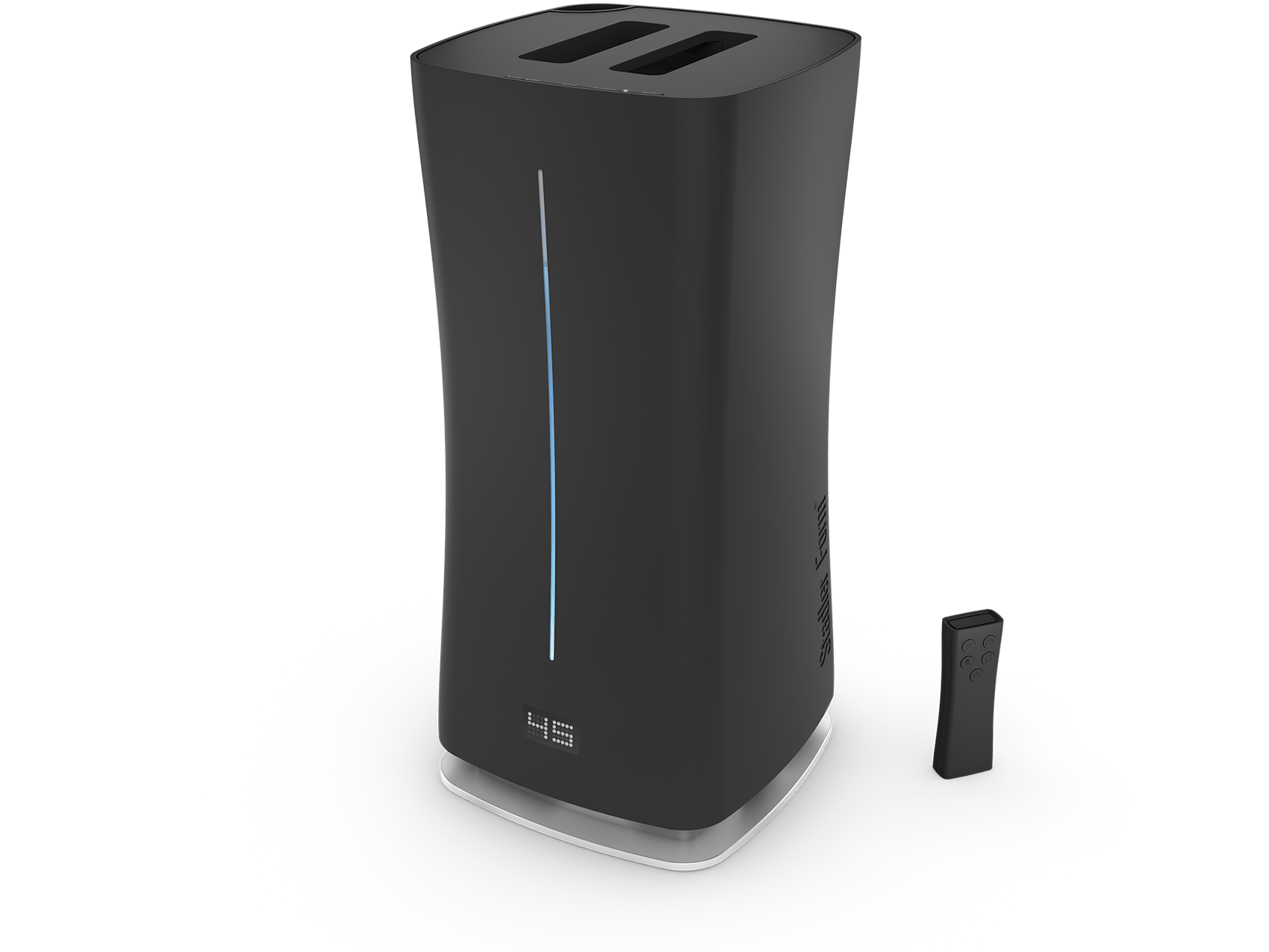 Eva humidifier by Stadler Form in black as perspective view including remote control