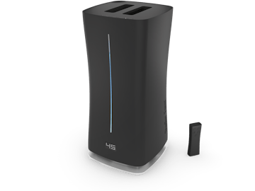 Eva humidifier by Stadler Form in black as perspective view including remote control