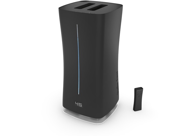 Eva humidifier by Stadler Form in black as perspective view including remote control