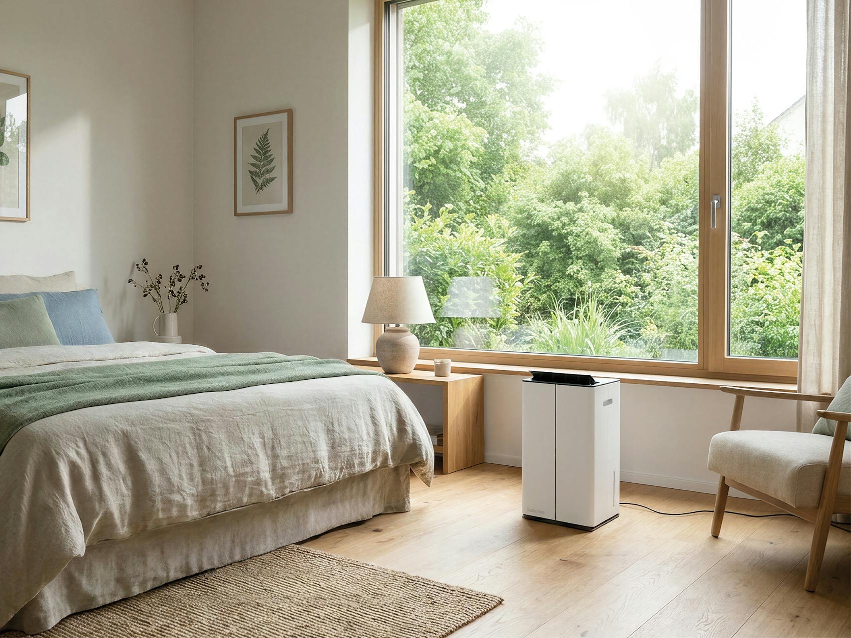 Lukas little dehumidifier by Stadler Form in a bedroom