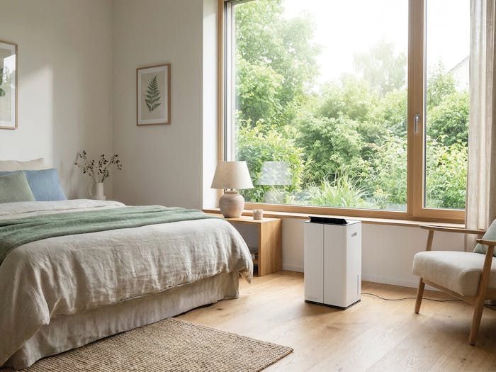 Lukas little dehumidifier by Stadler Form in a bedroom