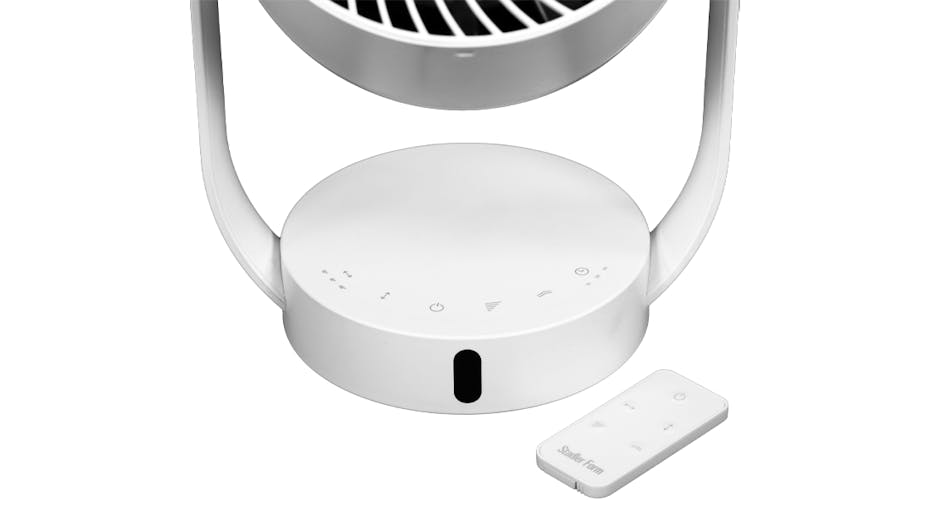 Leo table fan from Stadler Form detail image of control panel and remote control Leo table fan from Stadler Form, detail image of control panel and remote control on a white background