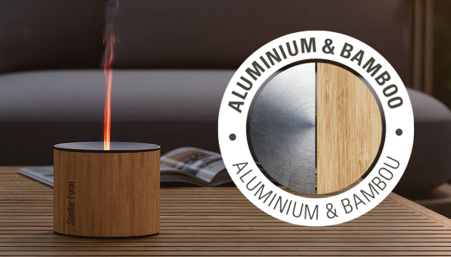Nora aroma diffuser from Stadler Form with aluminium and bamboo label