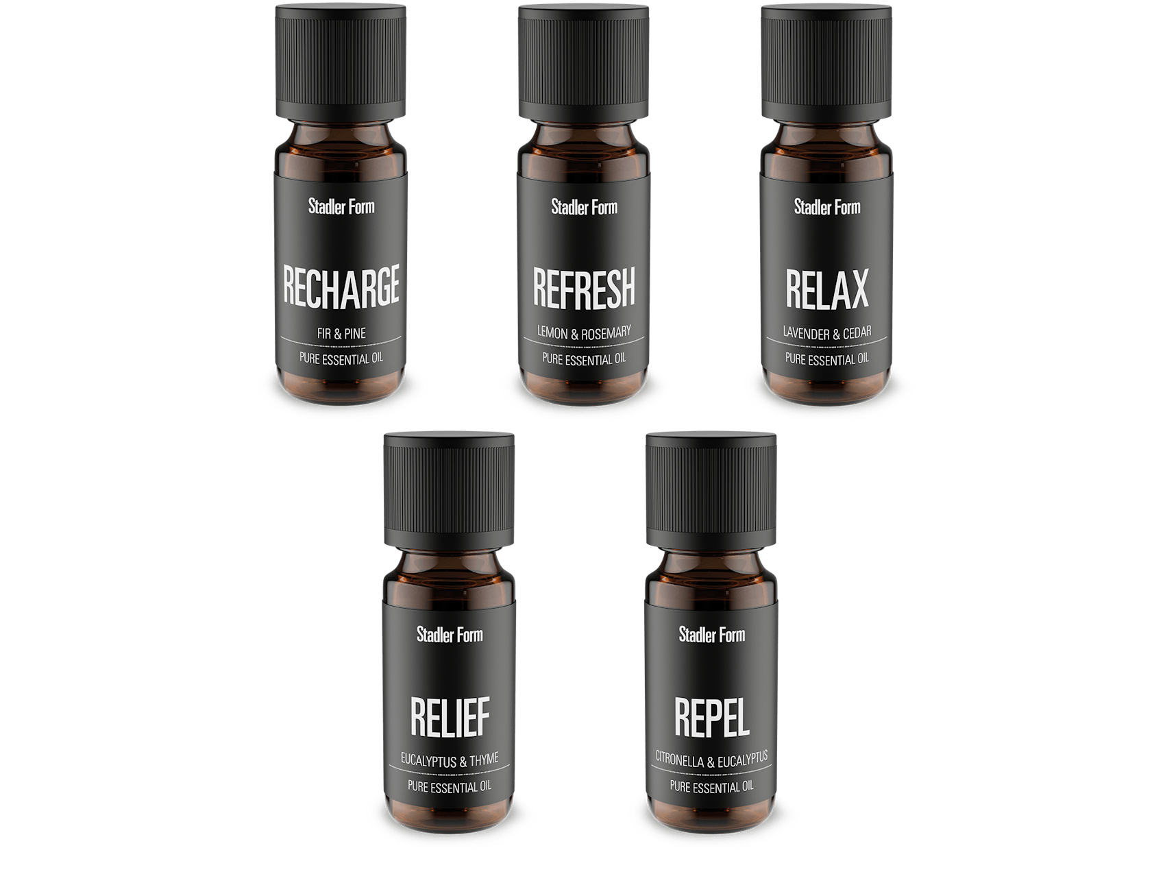 Fragrance pack by Stadler Form with  essential oils recharge, refresh, relax, relief, repel