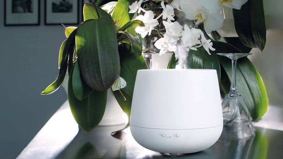 Julia aroma diffuser by Stadler Form in white next to some flowers