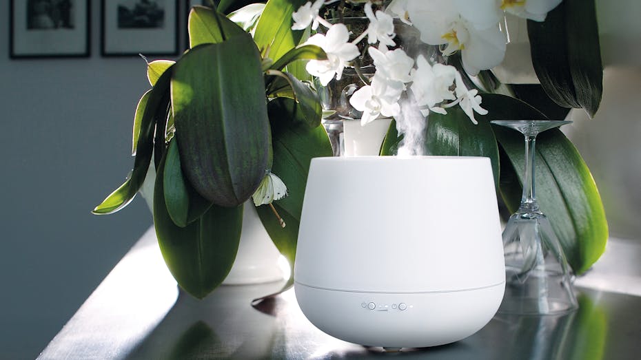 Julia aroma diffuser by Stadler Form in white Julia aroma diffuser by Stadler Form in white next to some flowers